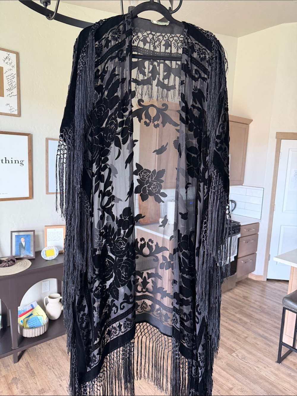 Black Velvet Floral Fringe Kimono - Ethos Los Angeles